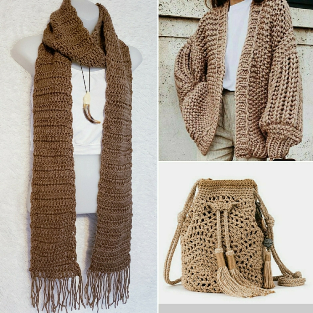72"+  X Long Oversized Brown Crochet Scarf - Picture 9 of 10